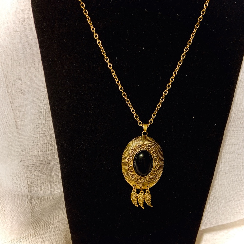 Vintage Brass Victorian necklace with black amulet